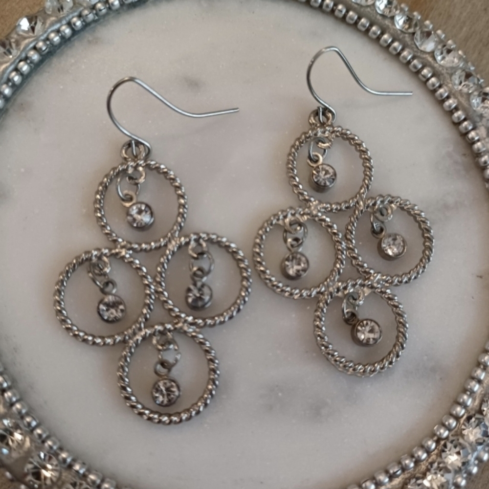 Rhinestones & Circles Silver Dangle Drop Earrings - Picture 1 of 2